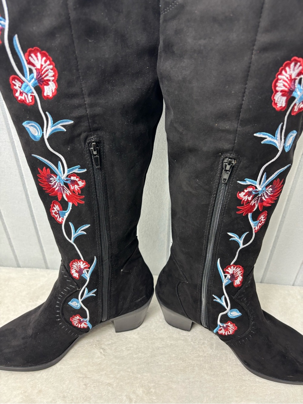 Carlos Santana Alexia Over the Knee Boots Womens 9.5M Black Floral Embroidered - Picture 4 of 16